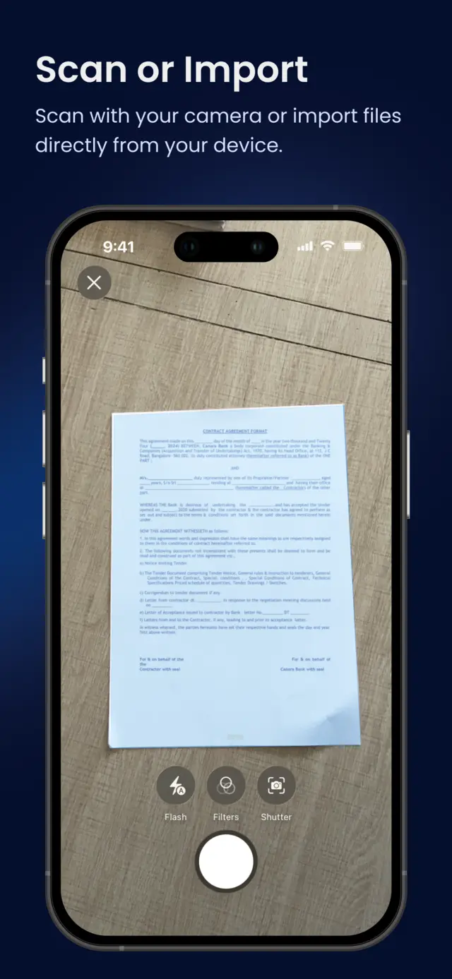 Scanning a paper contract with the phone camera in DocuRadar