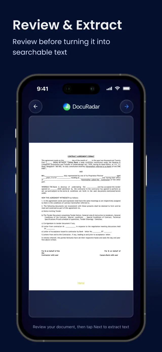 Reviewing a scanned contract before on-device text extraction in DocuRadar