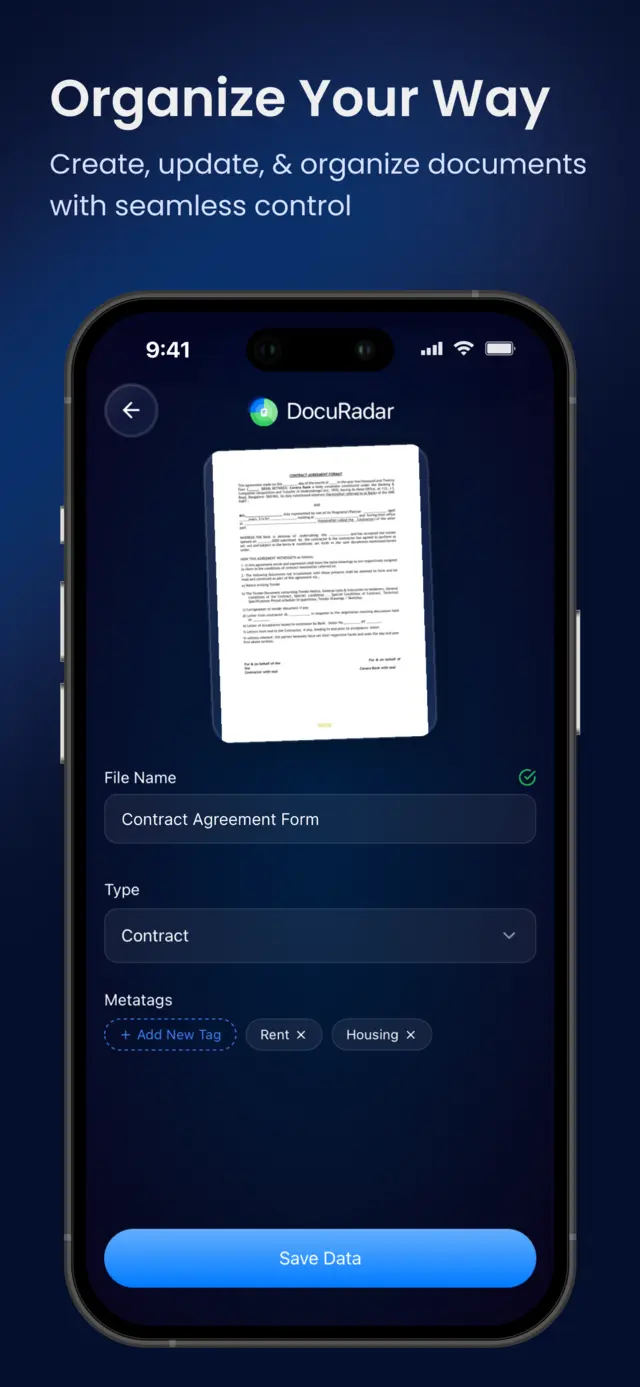 Naming, categorizing and tagging a scanned contract in DocuRadar